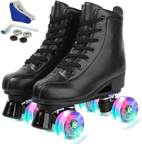 Jessie PU Leather Roller Skates - Adjustable Four-Wheel Premium Skates for Women, Men, Boys & Girls (Flash Wheel, Women's 7/ Men's 5.5)