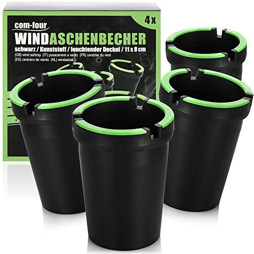 COM-FOUR® 4x Aschenbecher für draußen - Windaschenbecher - Sturmaschenbecher mit leuchtendem Deckel - Autoaschenbecher, Ø 8 cm (04 Stück - schwarz)