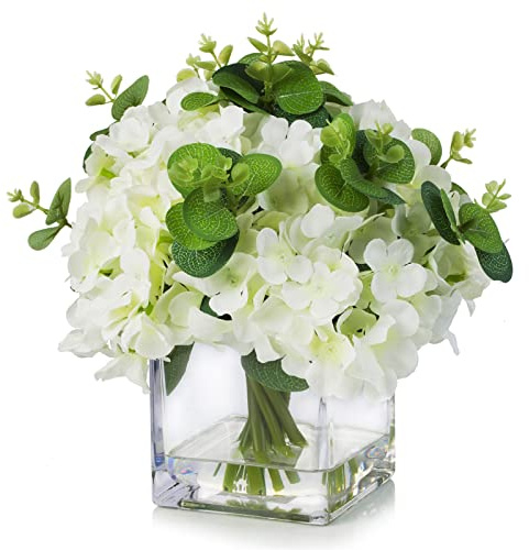 ENOVA BLOMMIG Hortensia konstgjorda blommor med vas, blandade falska vita hortensior och grönska i fuskvattenvas för matbord, bordsuppsatser (krämvit)