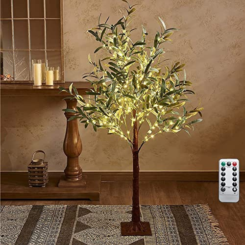 Árbol LED 120 cm Olivo Artificial 180 Leds Blanco Cálido 420 Hojas Simuladas LED Árbol Deco Alimentación USB 8 Modos de luz con Mando a Distancia IP44 LED Árbol con Hojas Navidad Pascua Deco Interior