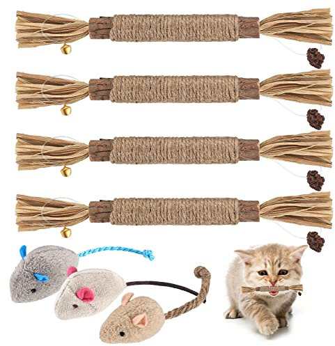 Newoutset 4 Stück Natural Silvervine Katzenminze Sticks, Matatabi Katzenminze Spielzeug, mit 3 Stück Katze Maus Spielzeug, für Indoor Katzen, Zahnreinigung, Zahnen, Katzenspielzeug Sticks
