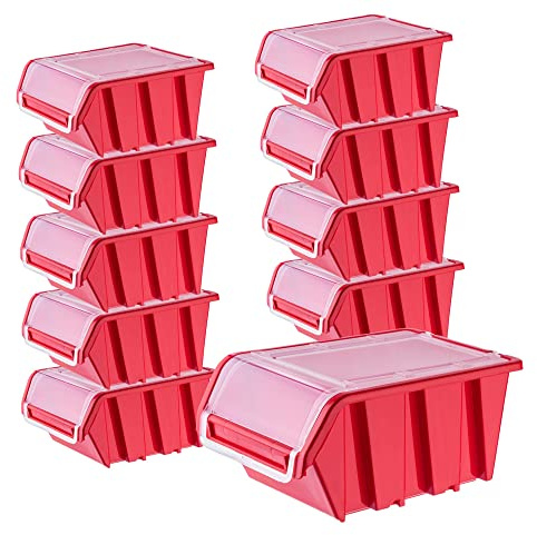 KADAX Lot de 10 boîtes de rangement empilables avec couvercle, en plastique PP, dans différentes tailles et couleurs, avec rabat pour mur d'outils (rouge, 155 x 100 mm) K6536