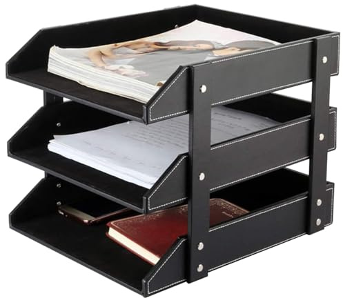 Organizzatore da scrivania in pelle impilabile per cartelle, documenti, cancelleria, riviste, posta, casa, piccoli oggetti, organizer da scrivania (nero)