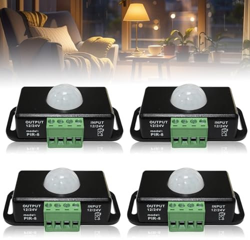 4 Stück LED Bewegungsmelder, DC 12V 24V Schwarz Bewegungssensor, mini Koerper Infrarot Bewegung PIR Sensor, Schalter Automatik drahtloser IR Bewegungsm für LED Streifen Leuchtmittel
