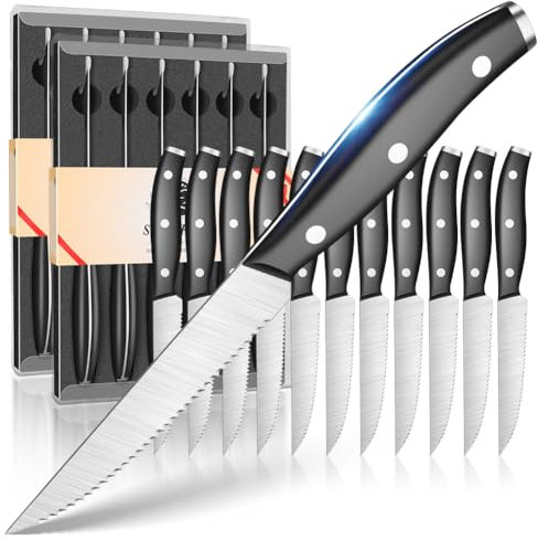 kyushublade Steakmesser 4,5 Zoll, 12-teiliges Steakmesser-Set mit Wellenschliff, Steakmesser aus rostfreiem Stahl mit Full Tang Griff, klassische Tafelmesser für Familie Geschenk, schwarz