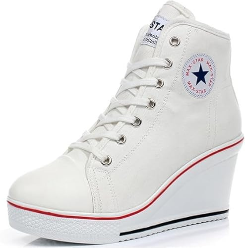 nulala Sneaker da Donna in Tela, con Zeppa, Scarpe da Ginnastica con Tacco Alto, Scarpe da Donna con Plateau per Lo Sport, Il Tempo Libero, Bianco, 35 EU