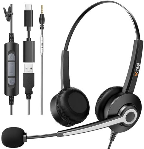 Wantek USB Headsets with Microphone,3.3m Length Noise Cancelling Headset Stereo Headphone for PC,Laptop USB/Type-C/3.5mm