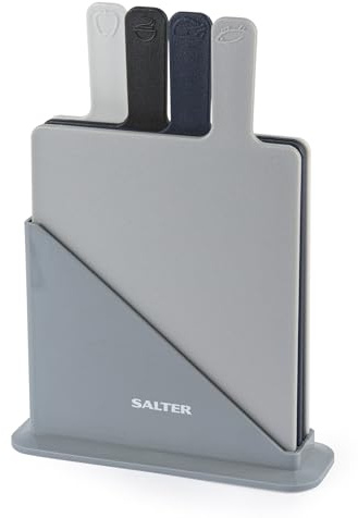 Salter Set of 4 Rectangular Chopping Boards - Charcuterie Boards with Non-Slip Stand, Index Style with Food Preparation Indicators, Dishwasher Safe, Grey, Navy, Black, White, 19 x 23 cm