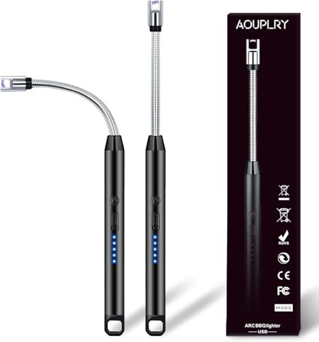 Aouplry Candle Lighter, 2 PCS Rechargeable USB Electric Lighter Windproof Flameless, 360° Flexible Neck & LED Display for BBQ, Grill, Camping, Fireplace, Stove(Black)