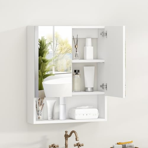 Bathroom Mirror Cabinet,Wall Mount Cabinet with Open Storage&Adjustable Shelf,Bathroom Cabinets with 2 Mirror Door,Bathroom Storage Unit Cupboard for Toilet Shower Room Living Room,White,50x13x60cm