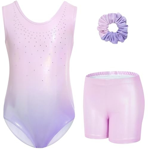 Gogokids Tredelade gymnastiktrikåer för flickor, set med ärmlös trikå, shorts och hårband, glittrande balettdräkter, dansdräkter, gymnastikdräkt med tonad färgdesign, för 3–12 år