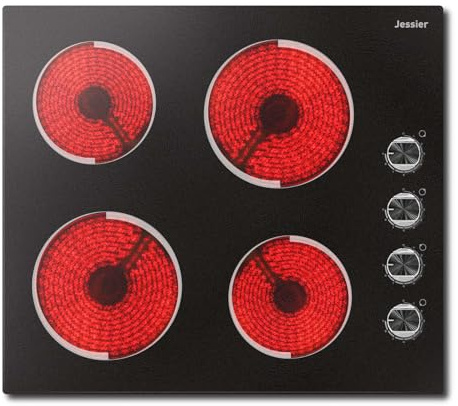 Jessier Piano Cottura Vetroceramica 4 Fuochi con Manopole, 6000W, Piastra in Vetroceramica da Incasso 59 CM, Comando Indipendente Tramite Manopole Rotanti, 9 Livelli, 220V