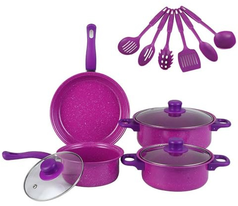 Non Stick Cookware Set, Induction Compatible Kitchen Pot and Pan Set Includes Frying Pan, Saucepan and Stew Pot, Healthy Cooking Ceramic Coating(Purple)