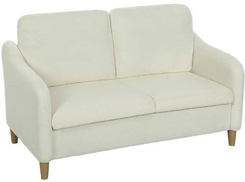 HOMCOM Divano 2 Posti Imbottito in Sherpa Traspirante con 2 Cuscini Rimovibile e Lavabile, Struttura in Legno di Eucalipto, Divanetto Salvaspazio con Braccioli, Soggiorno, Salotto, 137x69x82 cm, Crema