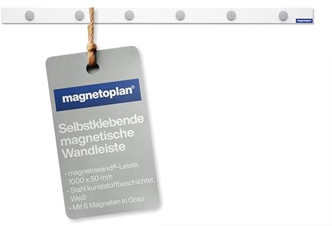 magnetoplan magnetowand-Leiste, Weiß | Selbstklebende Magnetleiste mit 6 Magneten | BxH 1000x50mm | Bilderleiste für Notizen, Dokumente und Fotos