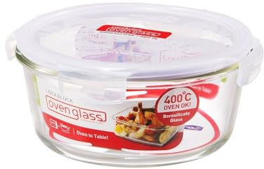 LocknLock Eco Ovenglass Glass Food Storage Containers with Lids 950ml - Airtight, Leakproof Round Glass Food Container with Recycled Plastic Lid, Oven Safe, Dishwasher Safe, Diameter 18 x 8cm