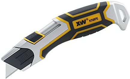 XW Auto-Retractable Safety Utility Knife, Box Cutter of Quick Blade Change, 4 Spare Blades Storage in Handle