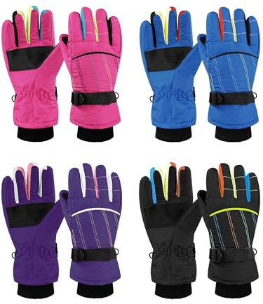 Geyoga 4 Paar Kinder Ski Handschuhe Warme Wasserdichte Schneehandschuhe für Kaltes Wetter (Beliebter Stil, 6-10 Jahre)
