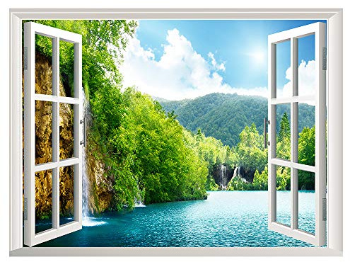 Lichi 3D Fake Window Wall Sticker of Lake View Green Mountain Scenery View Mural Decal for Home Decoration