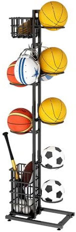 Whemyreat Aufbewahrungsregal Für 7 Bälle Sportgeräte Mit Ballhalter Und Basketballständer, Basketballhalter, Garage, Ballaufbewahrung, Sport Organizer Rack Mit Korb, Organizer Für Sportausrüstung