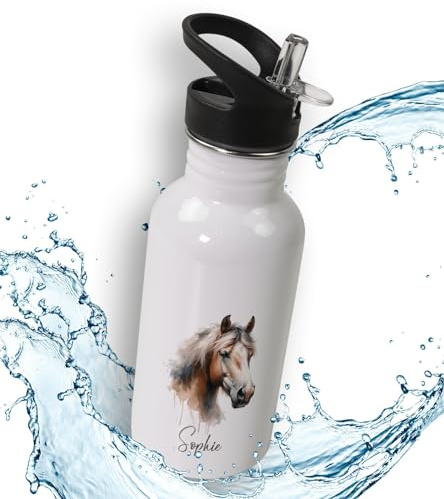 timalo® Trinkflasche für Kinder personalisiert mit Namen | auslaufsichere Edelstahl Sportflasche Kindergarten Schule Geschenk für Jungen und Mädchen 600mL | Pferd