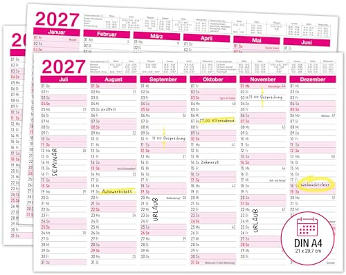 TOBJA® Calendario da lavagna 2027, formato DIN A4, rosa, per parrucchieri, cosmetici e studio, calendario semestrale con vacanze, festività e settimane calendari, carta da 350 g/m², calendario da