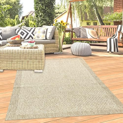 Teppich-Traum Teppich Wohnzimmer Outdoor Garten Balkon Terrasse wetterfest strapazierfähig farbecht mit originellem unifabenen Muster in beige, 240 x 340 cm