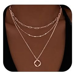 Poxtex Rose Gold Layered Necklaces for Women, Rose Gold Plated Dainty Stackable Choker Necklaces for Women, Trendy Layering Geometric Pendant Paperclip Chain Thin Necklace Jewelry Set Gifts