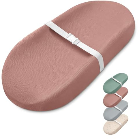 Blissful Diary Muslin Baby Changing Pad with Waterproof Lining Foam, Diaper Changing Table Pad with Cover for Dressers (Dusty Pink, Avocado)