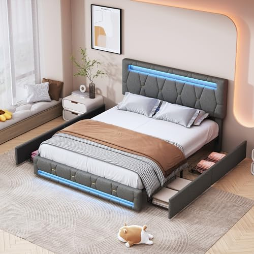 Cama doble tapizada de 140 x 200 cm con iluminación LED, cama doble con 4 cajones de almacenamiento y cabecero regulable en altura, espacio de almacenamiento, cama juvenil (gris, 140 x 200 cm)