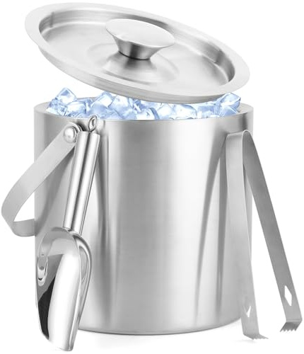 Yuhiokh 3L Stainless Steel Ice Bucket - Double Wall Insulated for Longer Lasting Ice. Ideal for Champagne, Wine, Cocktails. Includes Lid,Tongs and Scoop