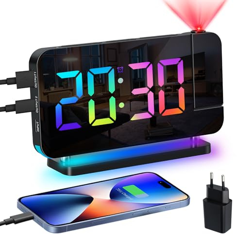 Venchin Reveil Projecteur Plafond: Projection Réveil Numérique Enfant Ado, LED Reveil Lumiere du Jour, Chargeur, Snooze, 11RGB Gros Chiffres, 10 Veilleuse, 5 Brightness, Alarm Clock Garcon Fille