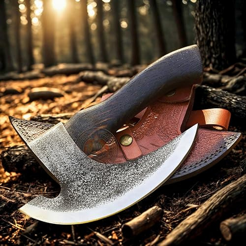 Handmade Pizza Cutter Axe with Leather Sheath - Carbon Steel Axe Blade with Wood Handle - Viking Style Pizza Cutter Design - Best for Him and Her