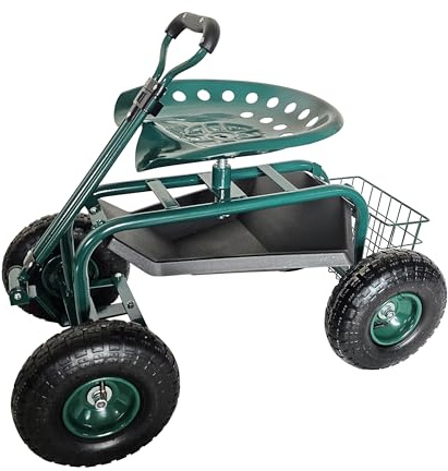 Relaxdays mobil trädgårdsstol, justerbar höjd, 150 kg, förvaringsutrymme, styrstång, stål, pneumatiska däck, trädgårdsvagn, grön