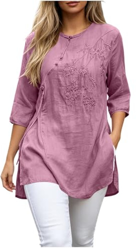 Chemise à manches 3/4 pour femme, tunique orientale, style ethnique, vintage, brodée, avec ourlet fendu, bouton pliant, petite taille, chemisier long pour femme, vêtement traditionnel chinois