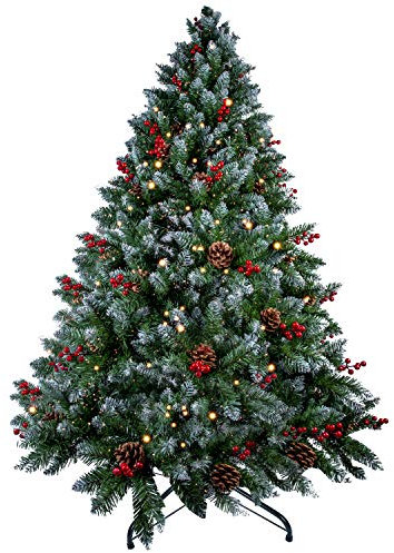 himaly Árbol de Navidad Pino Artificial 180cm, 720 Puntas, PVC Nieve Blanca Natural, Conos de Pino Real, Frutos Rojos, Soporte de Metal, Alambre de Cobre de 1.8M con lámpara 300