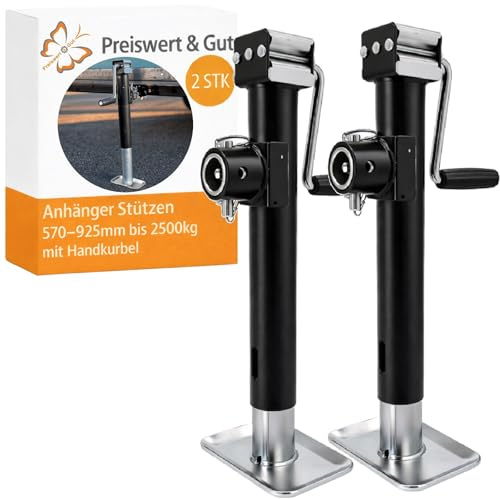 Preiswert&Gut 2X Anhänger Stützen Höhenverstellbar 570-925 mm bis 2500kg – Kurbelstützen verzinkt mit Handkurbel inkl. Sicherungsbolzen und Flansch klappbar - Wohnwagenstützen mit Stahlrohr