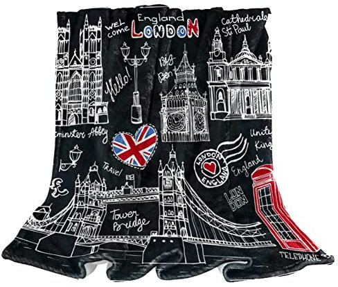 Adamion Kuscheldecke Sofa Decken England London Symbole Schwarz Decke Falten Beständig Decke Für Couch Home, Tagesdecke Oder Couchdecke 150x200 cm