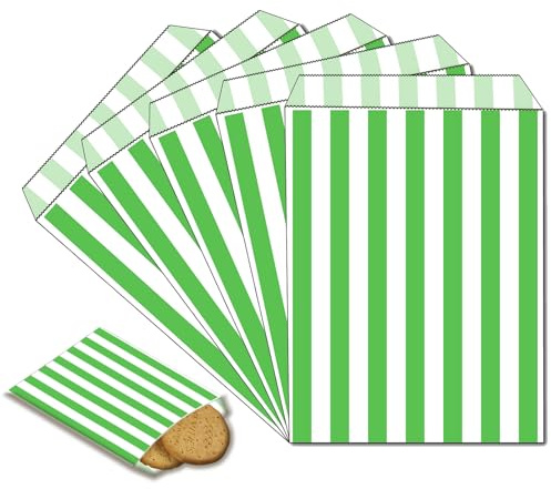 100 Mini Sacchetti di Carta a Righe Verdi 12,7 x 17,8 cm per Dolci, Pane, Panini, Bomboniere, Snack - per Compleanni, Natale, Matrimoni e Feste