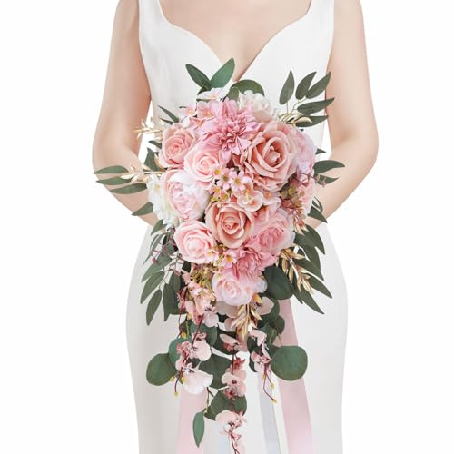Serwalin 11 Inch Wedding Bouquets for Bride Bridesmaid, Dusty Pink Rose Bridal Bouquets for Bride, Wedding Flowers Bouquet Tossing Bouquet, Wedding Ceremony and Anniversary Decoration