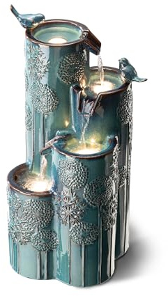Glitzhome 31.75 H Outdoor Water Fountain with LED Lights and Pump, 4 Tier Dandelion Texture Vase Shaped Ceramic Floor Standing Fountain with Birds for Porch Deck Garden Patio Backyard, Turquoise