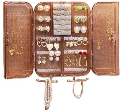 Wall Mounted Jewelry Organizer Cabinet- No Punching Foldable 4- Compartment Jewelry Hanging Organizer for Necklaces, Rings, Bracelets | Jewelry Earring Holder Storage Box for Women & Girls (Rose Gold)