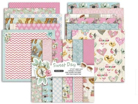 Syntego 24 feuilles, 12 motifs « Sweet Day » papier décoratif sans acide pour scrapbooking 160 g/m², simple face 30 cm x 30 cm (12 pouces x 12 pouces)