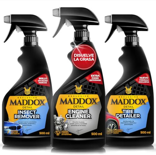Maddox Detail - Limpieza de Motor, Eliminación de Insectos y Cuidado de Neumáticos y Plasticos Exteriores | Kit Cuidado Extremo del Vehículo 3x500ml | Engine Cleaner, Insect Remover y Tire Detailer