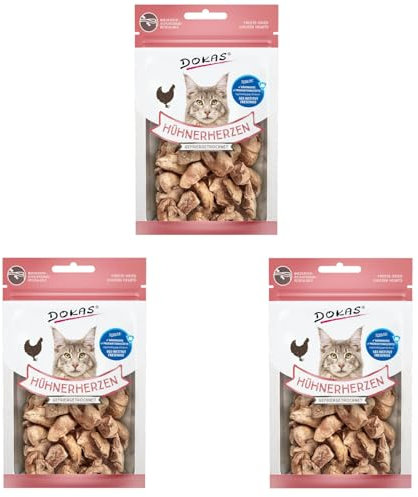 Dokas gefriergetrocknete Hühnerherzen | 3er Pack | 3 x 15 g | Leckerli für Katzen | Durch die schonende Gefriertrocknung bleiben 100% der natürlichen Nährstoff erhalten