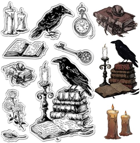 craspire Klarer Stempel Mit Krähenmotiv Wiederverwendbar Bücher Rosen Stempel Halloween Vintage Transparentes Silikon Dekorative Siegel Zum Basteln Grußkarten DIY Journaling Scrapbooking Fotoalbum