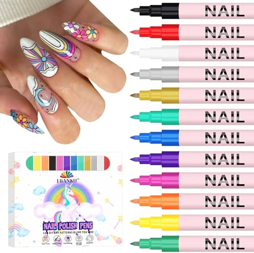 EBANKU Nail Art 3D 0,7 mm Vernis à ongles à séchage rapide Marqueurs pour nail art Peinture acrylique Point Graffiti Dotting Liner Stylo Outils pour la maison le salon manucure (12 colors)