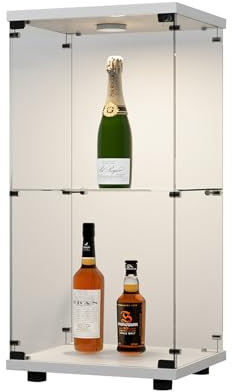 FOERPLGlasvitrine 2 Lagen Standvitrine, Glas Sammlervitrine Aufbewahrungsschrank mit Beleuchtung und Schloss für Wohnzimmer, Büro, Sammlung, Figuren (40x36x86 cm, weiß)
