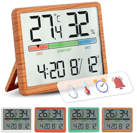 GIFTMARKET - Termómetro de interior digital. Termómetro digital con higrómetro. Indicador de confort, reloj y calendario. Termómetro de color madera. Ideal para hogar. ABS. Medidas: 9,3 x 7,2 x 1,6 cm