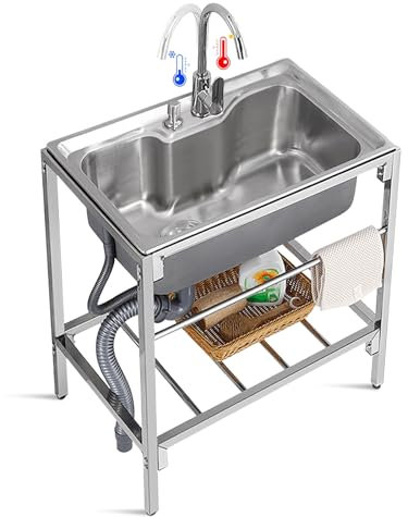 Fregadero comercial, acero inoxidable 304 fregadero grande de un seno con accesorios de drenaje y estante de almacenamiento para cuartos de servicio cocinas bares pubs, 72x52x85cm
